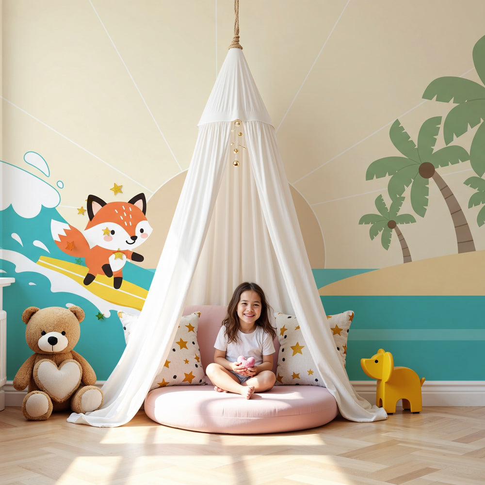Fox surfer tropical beach mural wallpaper in modern nursery with natural wood furniture by Kids-Mundo