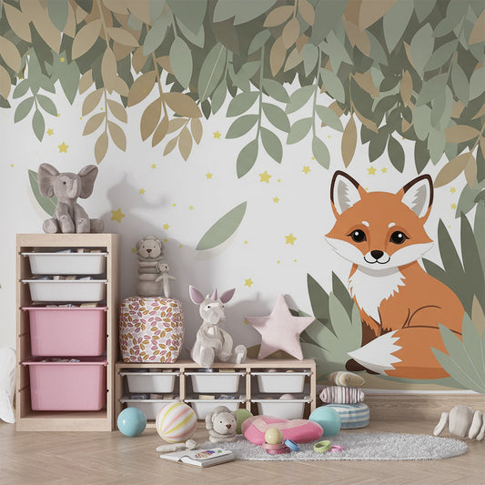 Kids-Mundo fox wall mural with leafy canopy and stars on a child's bedroom feature wall.