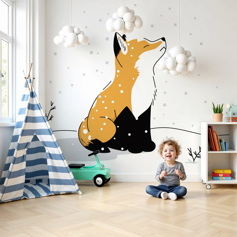 Fox winter mural wallpaper in cozy nursery with wooden crib and snowy forest scene by Kids-Mundo