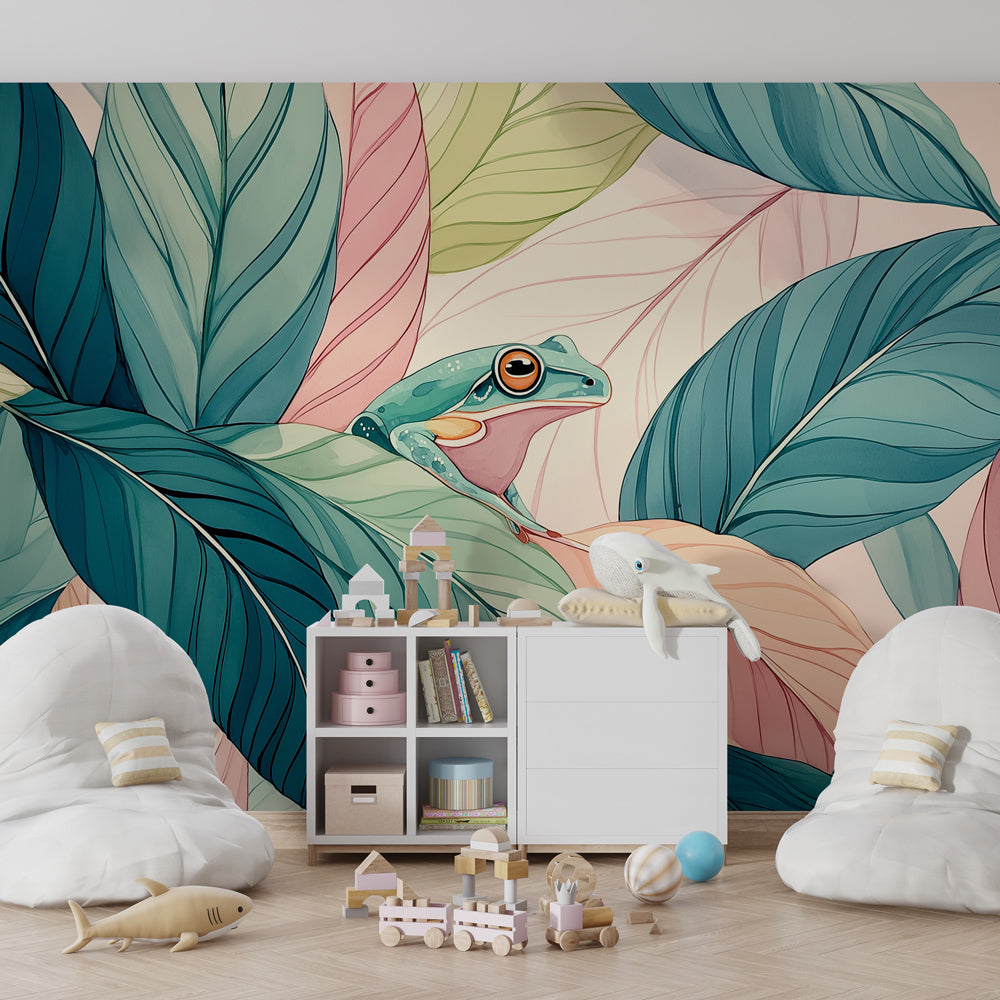 Playful frog wallpaper creating nature themed children's bedroom decor with green foliage