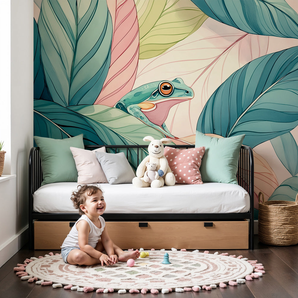 Frog mural wallpaper in cozy nursery setting with natural wood furniture by Kids-Mundo