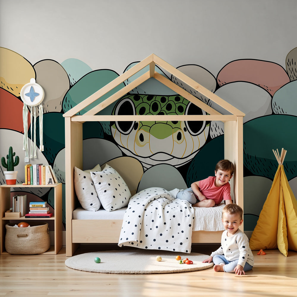 Playful frog mural wallpaper decorating modern nursery with natural wood furniture by Kids-Mundo