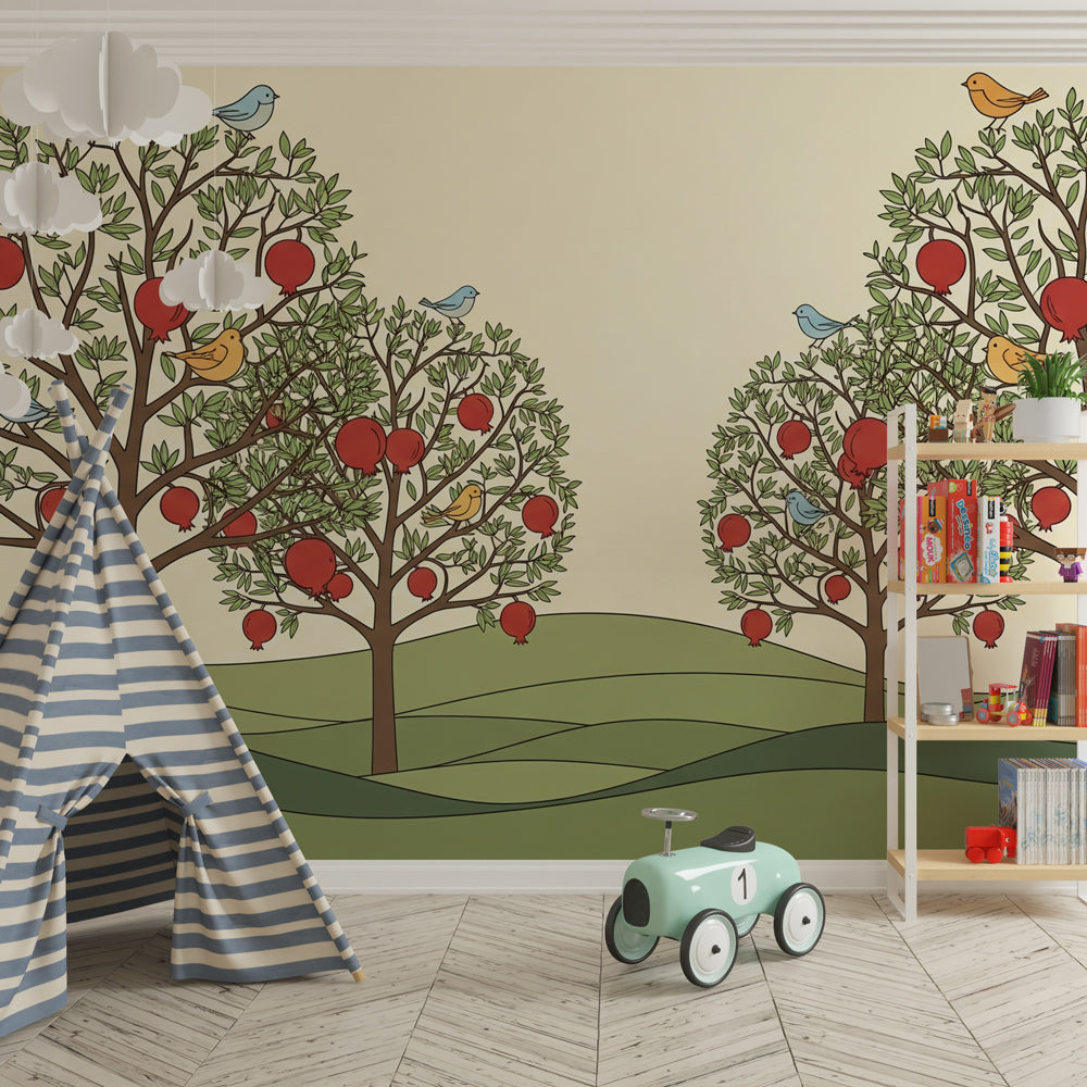 Nature-themed fruit trees wallpaper creating peaceful kids bedroom atmosphere with natural colors