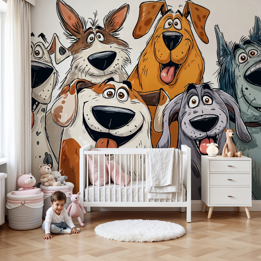 Funny dogs mural wallpaper decorating colorful nursery with playful puppy characters by Kids-Mundo