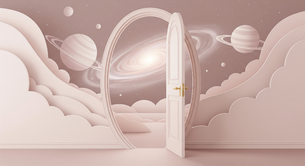Kids-Mundo flat artwork of the pink galaxy portal doorway wall mural design
