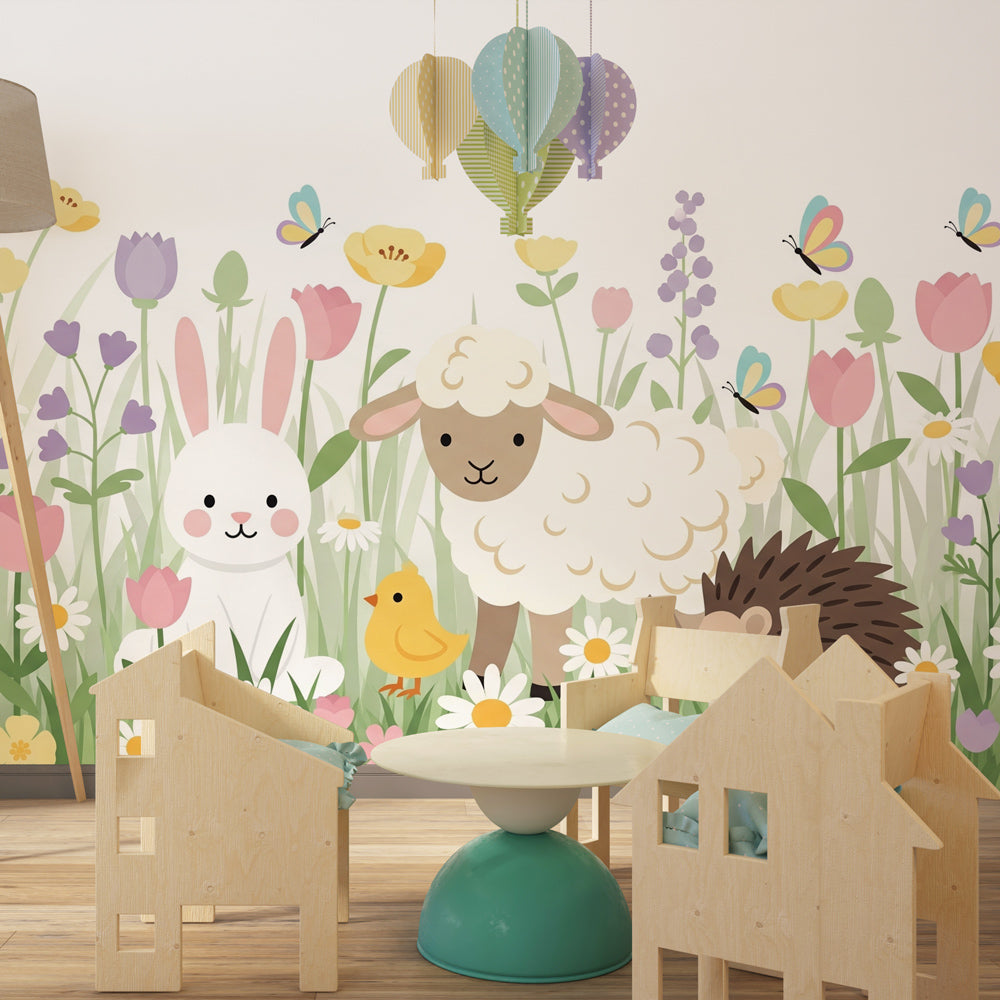 Sweet meadow animals wallpaper creating peaceful atmosphere in children's bedroom