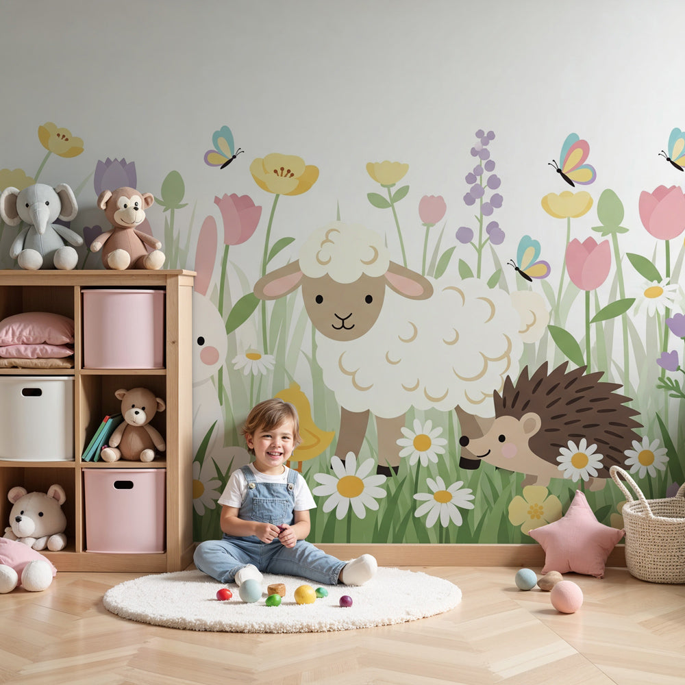 Garden animals mural wallpaper with meadow friends decorating modern nursery by Kids-Mundo