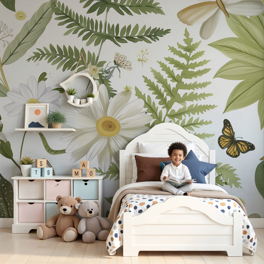 Enchanted garden mural wallpaper with butterflies creating magical nursery decor by Kids-Mundo