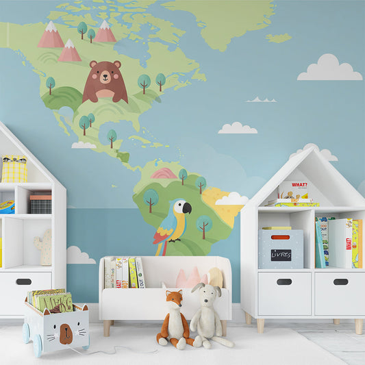 Kids-Mundo bear and parrot world map mural covering a kids bedroom wall in pale pastel tones