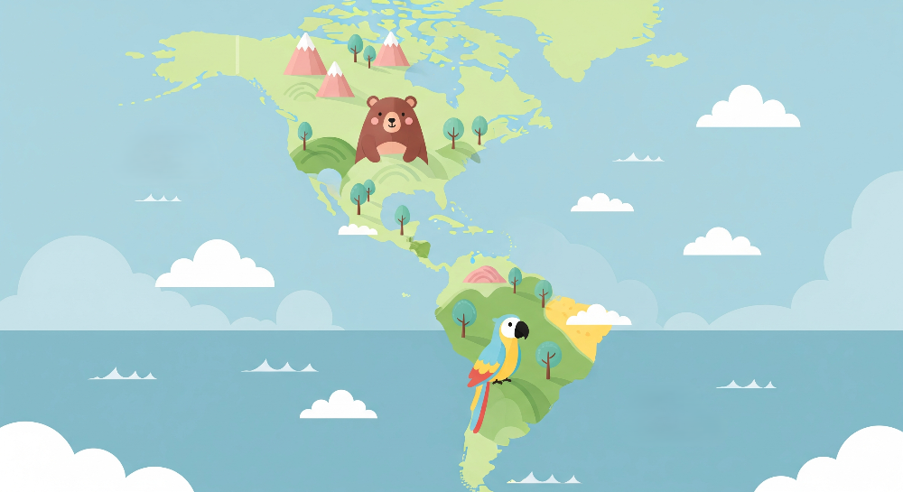 Flat artwork of the Kids-Mundo pastel world map design with an explorer bear and parrot on soft green continents
