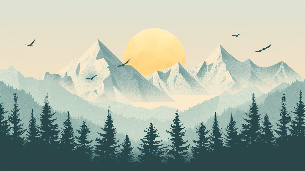 Kids-Mundo flat artwork preview of the geometric mountain and golden sun wall mural design