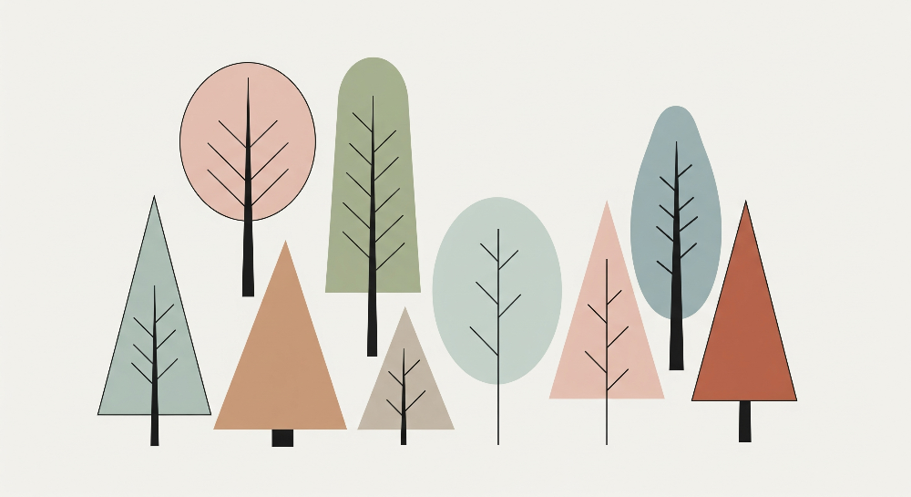 Kids-Mundo flat artwork of geometric pastel trees in sage, blue, terracotta and blush tones.