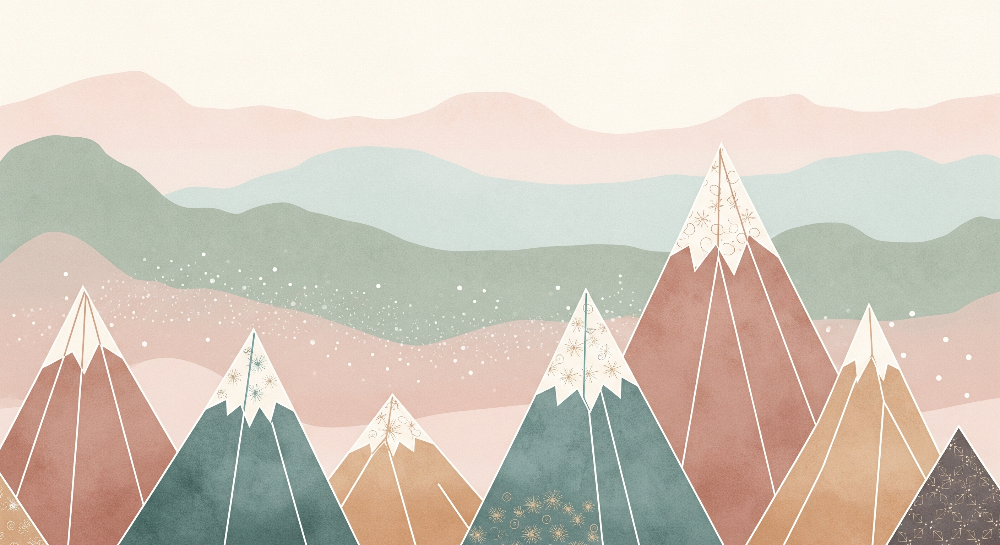 Kids-Mundo flat artwork of geometric pastel mountain peaks in terracotta, teal and mustard tones