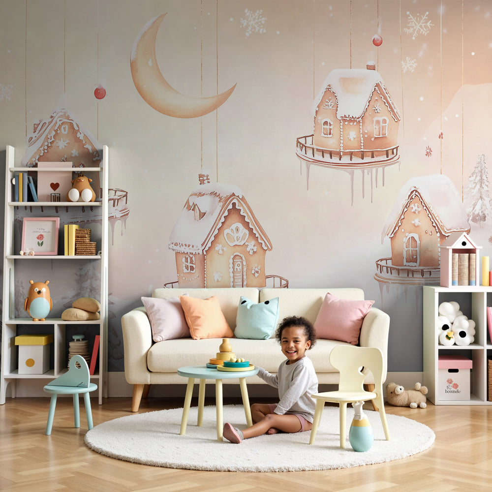 Gingerbread village mural wallpaper in cozy nursery with winter magic theme by Kids-Mundo