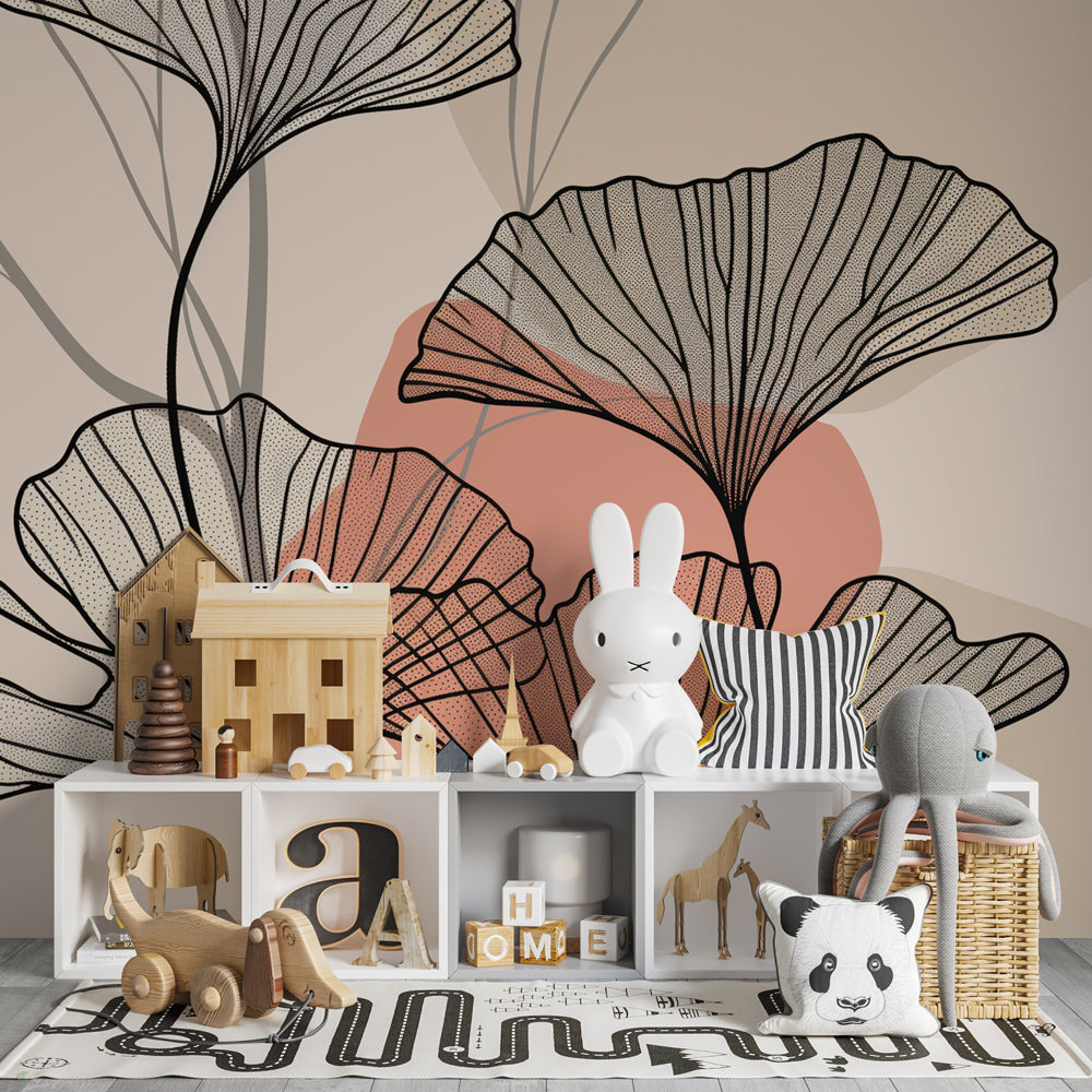 Soft pink and beige ginkgo wallpaper in modern children's bedroom setting