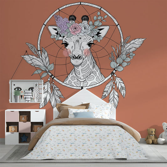 Kids-Mundo giraffe floral mural adding warmth to a terracotta kids bedroom