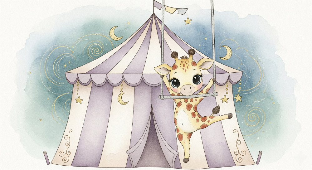 Baby Giraffe on a Circus Trapeze Wall Mural