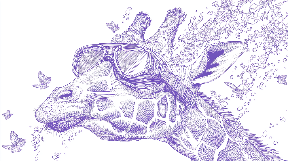 Kids-Mundo flat artwork of a violet line-art giraffe wearing diving goggles with bubbles and butterflies.