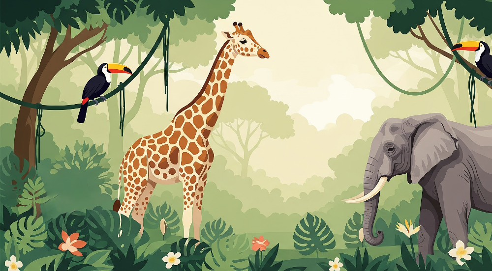 Giraffe, Elephant and Toucan Jungle Wall Mural