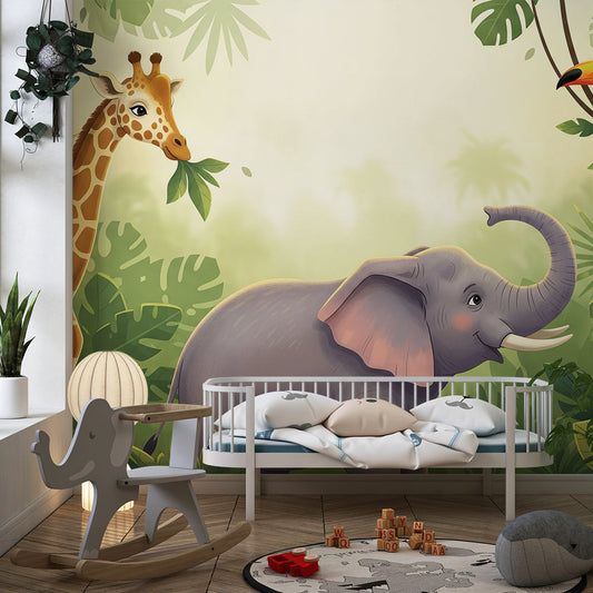 Giraffe, elephant and toucan wall mural by Kids-Mundo covering a wall in a child's bedroom.