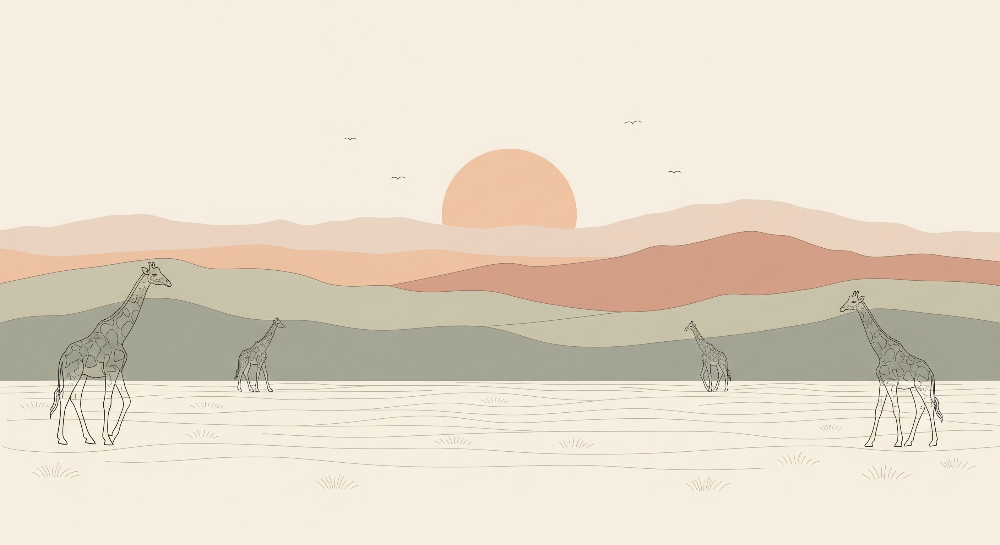 Line Art Giraffe Family Pastel Sunset Wall Mural