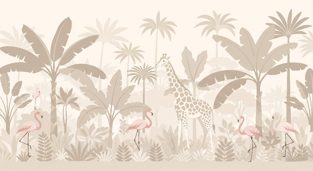 Giraffe and Flamingos Tropical Jungle Wall Mural