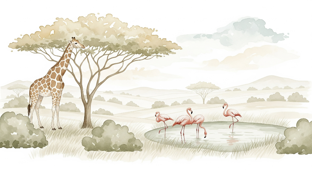Giraffe and Flamingos Savanna Watercolour Wall Mural