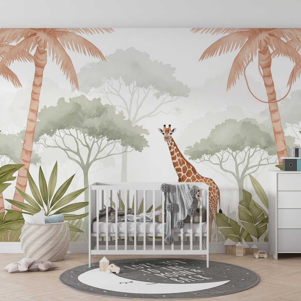 Majestic giraffe safari wallpaper transforming children's bedroom into tropical paradise decor