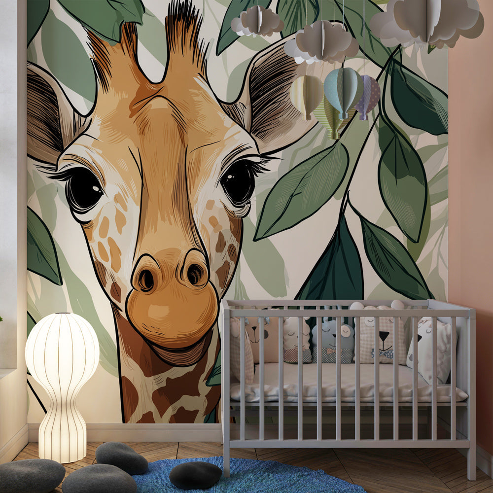 Safari animal wallpaper creating adventurous kids playroom with curious giraffe design