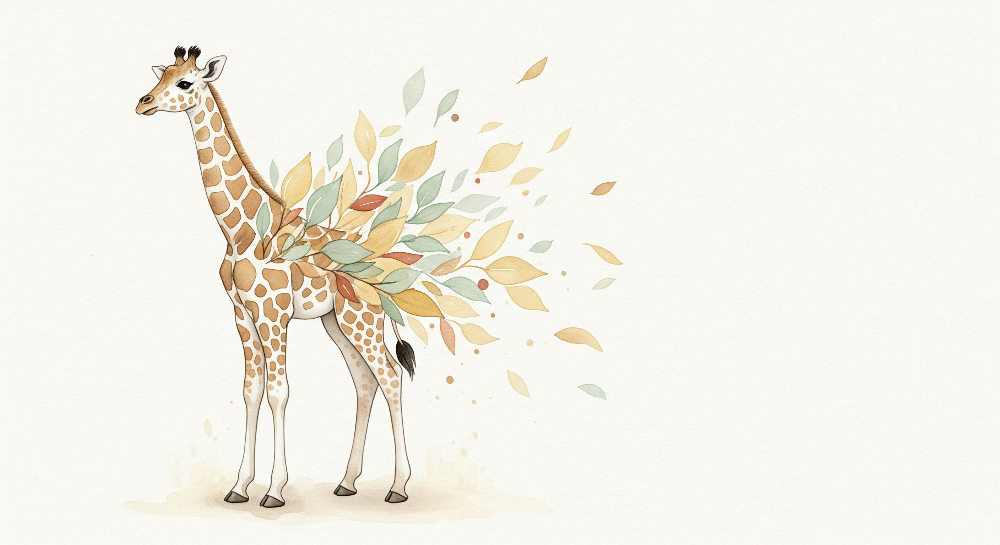 Kids-Mundo flat artwork preview of the watercolour giraffe leaf trail wall mural design