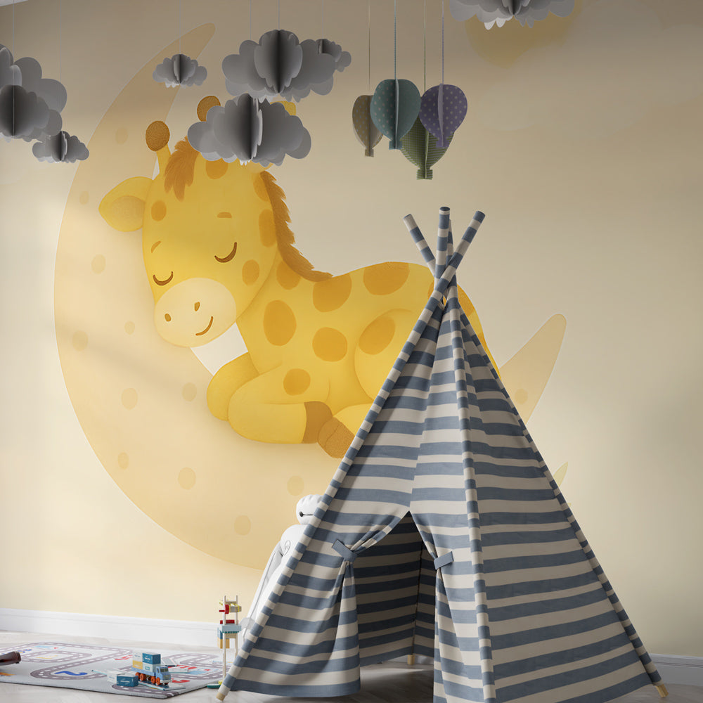 Sweet dreams giraffe wallpaper in modern baby bedroom with soft lighting
