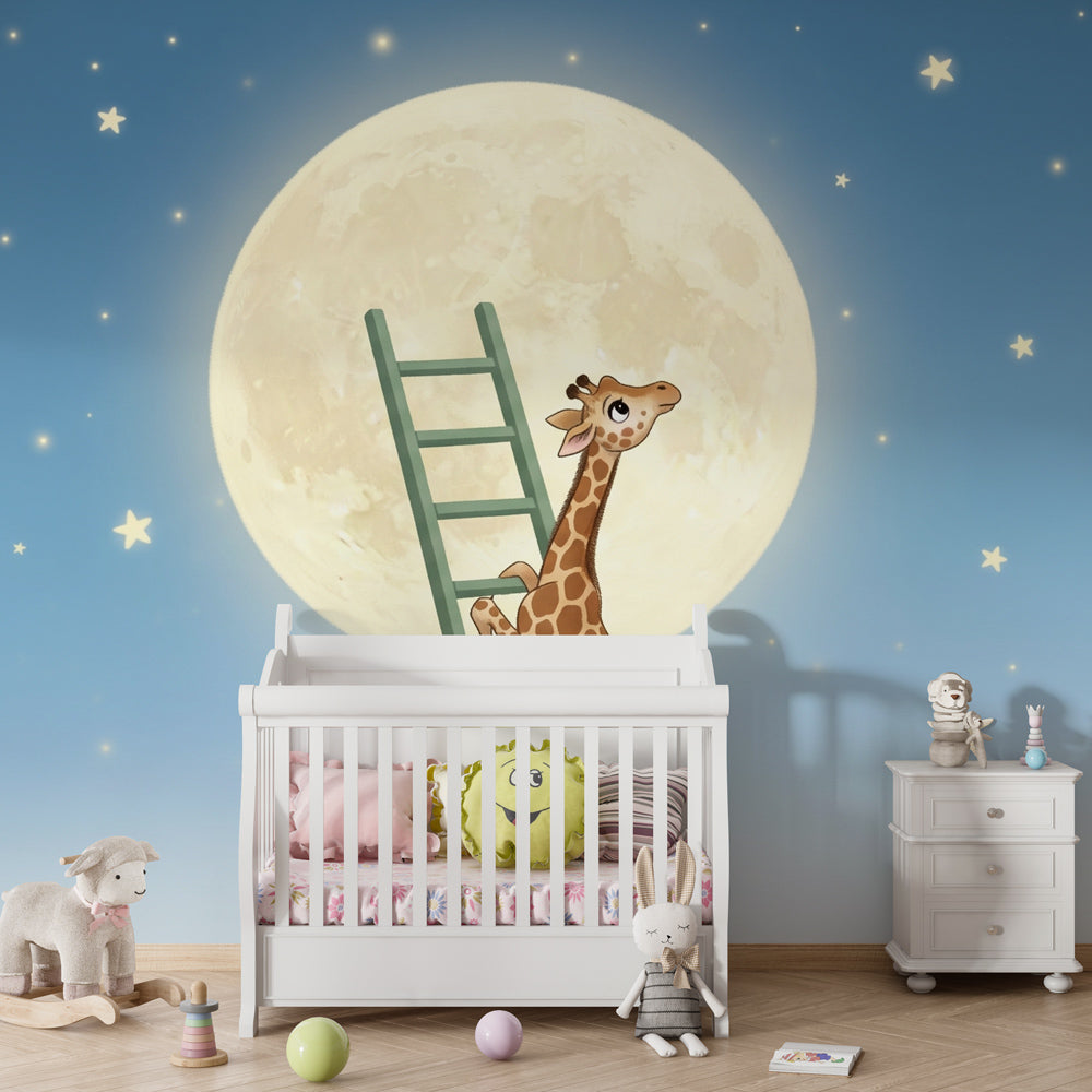 Dreamy giraffe climbing ladder night sky mural wallpaper in cozy children's bedroom decor
