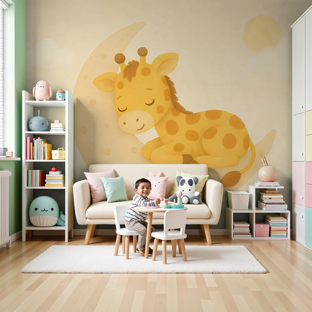 Giraffe moon mural wallpaper creating peaceful nursery atmosphere by Kids-Mundo