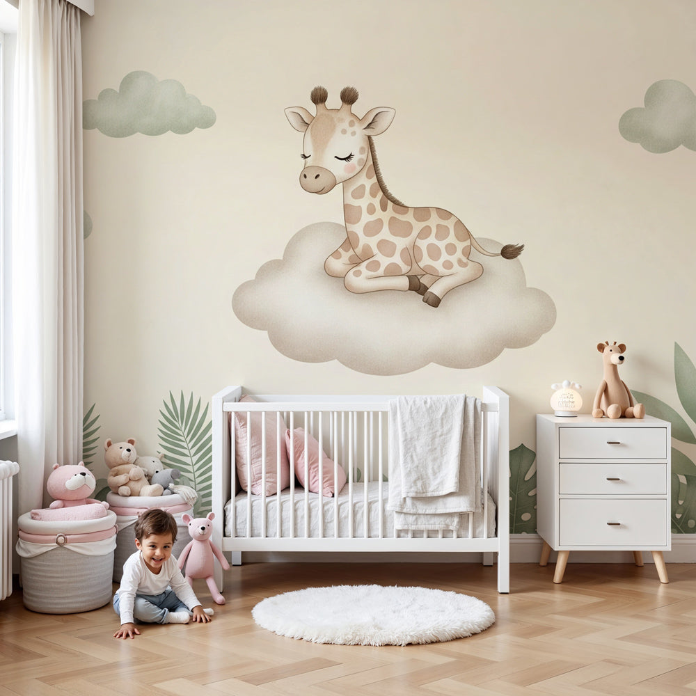 Peaceful giraffe cloud mural wallpaper in soft pastel baby nursery by Kids-Mundo