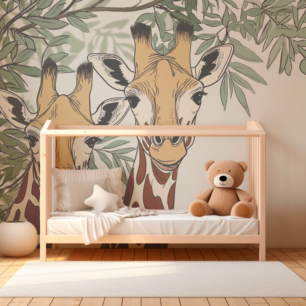 Two friendly giraffes wallpaper creating safari atmosphere in children's bedroom