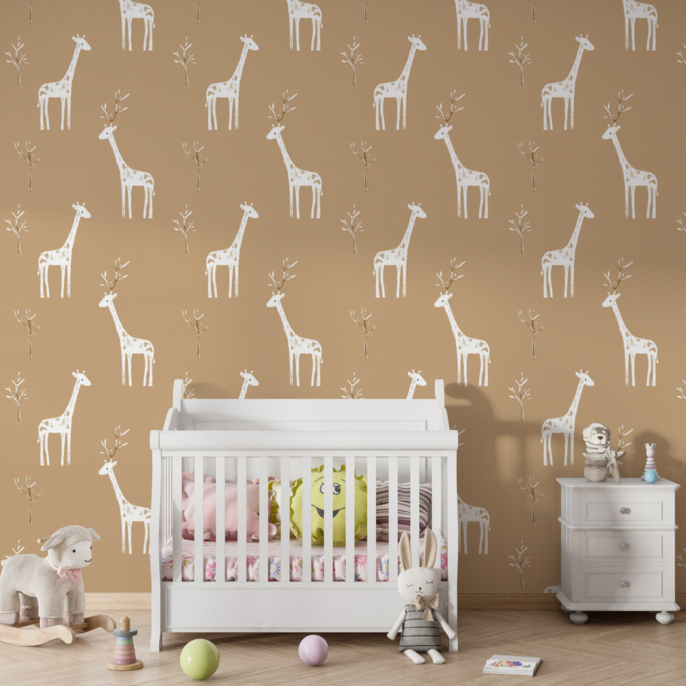 Safari giraffe wallpaper transforming children's bedroom with soft animal motifs and neutral tones