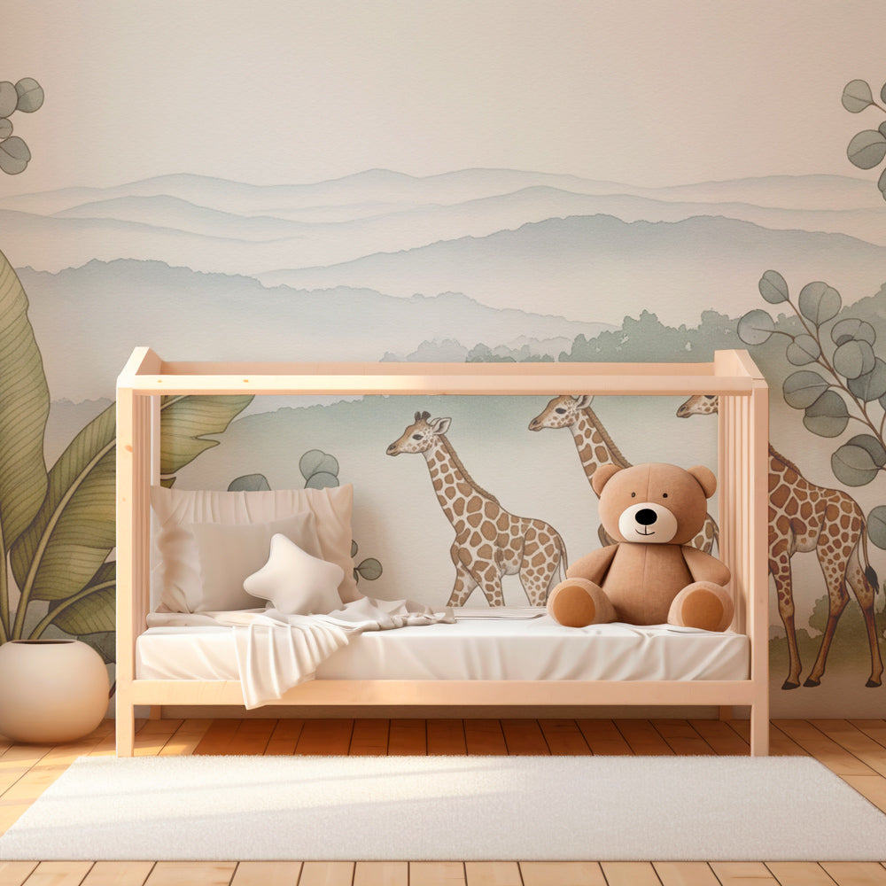 Safari giraffe wallpaper transforming modern kids bedroom with tropical foliage design