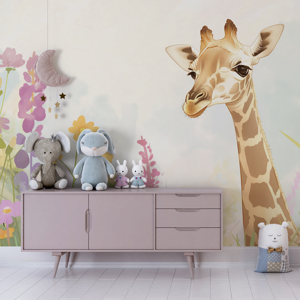 Safari giraffe wallpaper with colorful flowers decorating modern children's bedroom