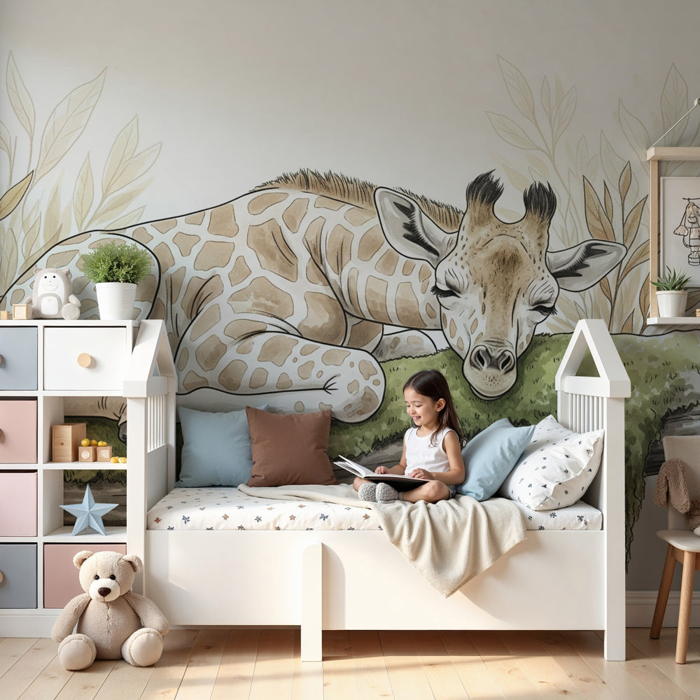 Sleeping giraffe mural wallpaper in peaceful nursery setting by Kids-Mundo