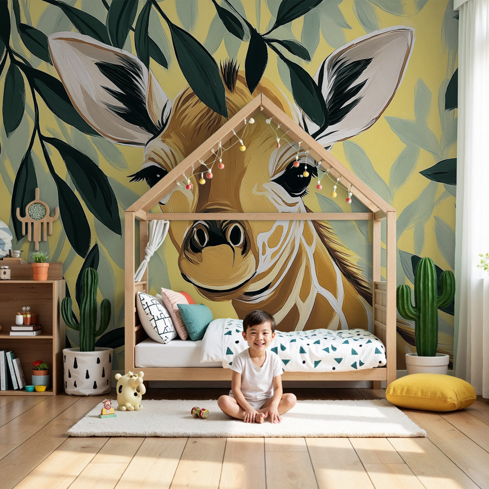 Gentle giraffe mural wallpaper in bright baby nursery with natural wood crib by Kids-Mundo
