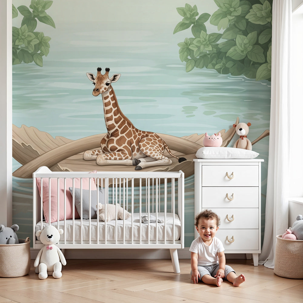 Giraffe floating rock mural wallpaper creating serene safari nursery decor by Kids-Mundo