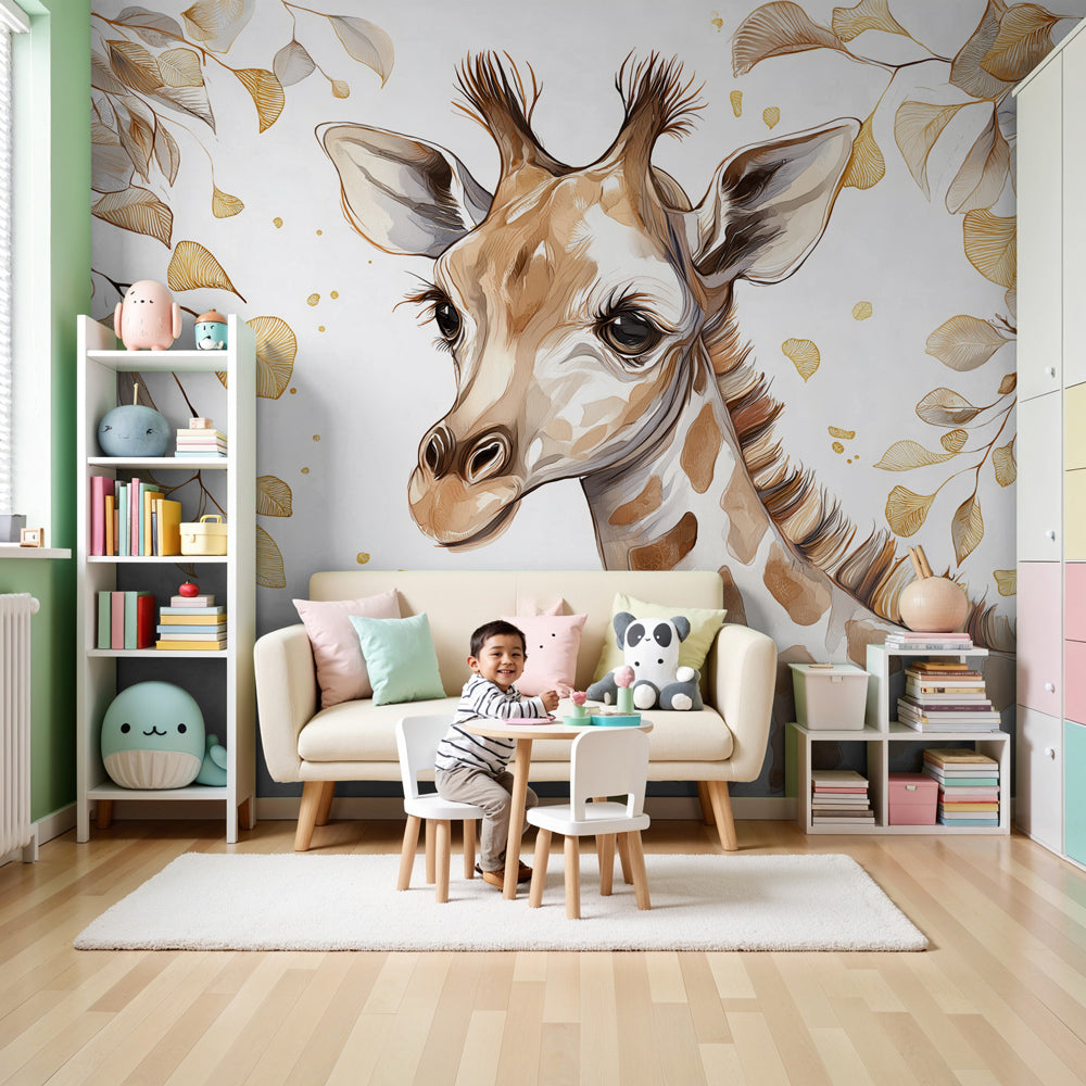 Gentle giraffe mural wallpaper with golden foliage in modern nursery room by Kids-Mundo