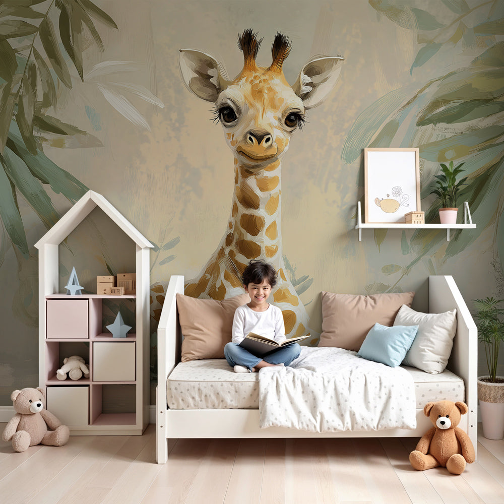 Sweet giraffe mural wallpaper in modern nursery with natural wood furniture by Kids-Mundo