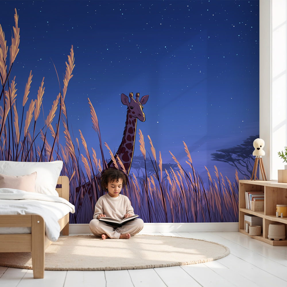 Giraffe safari mural wallpaper creating peaceful nursery atmosphere with starry night theme by Kids-Mundo