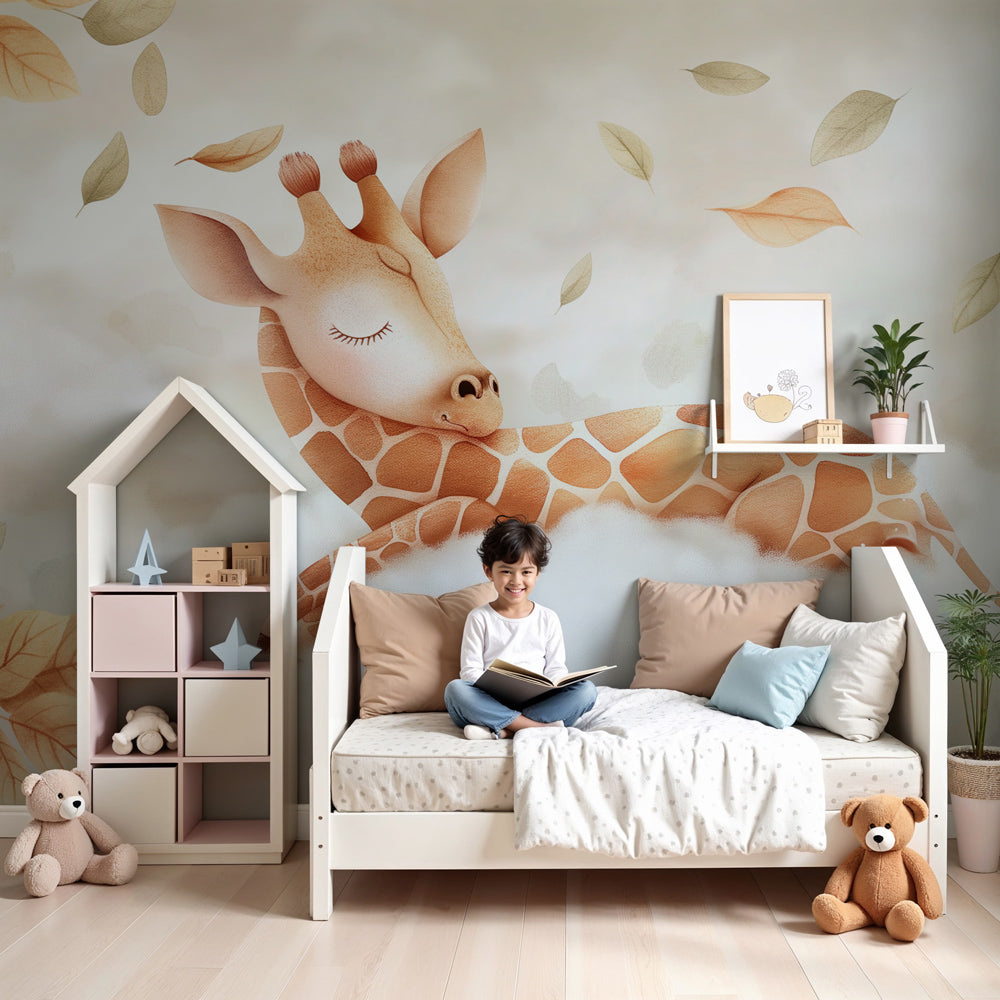 Sleeping giraffe mural wallpaper in cozy nursery with wooden crib by Kids-Mundo