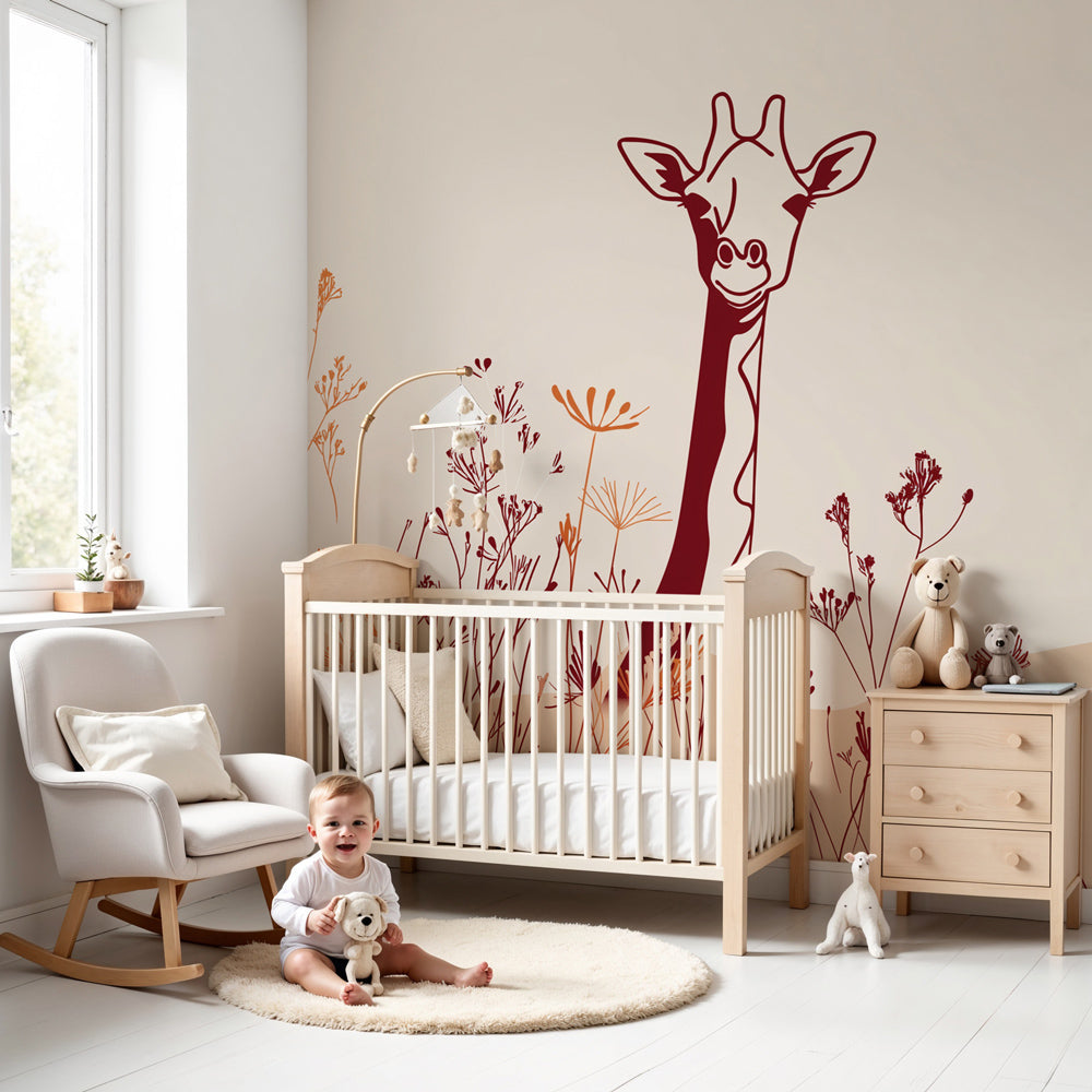 Gentle giraffe mural wallpaper in modern nursery with natural wood crib by Kids-Mundo