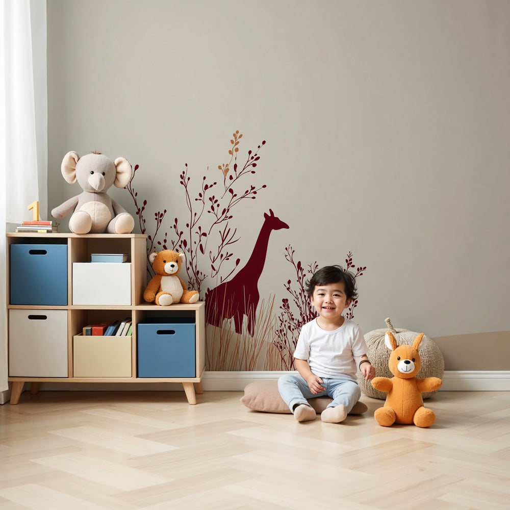 Elegant giraffe mural wallpaper in modern nursery with natural wood furniture by Kids-Mundo