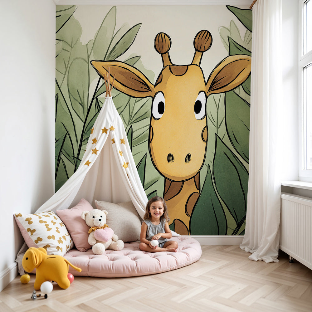 Giraffe mural wallpaper creating magical safari nursery decor with green foliage by Kids-Mundo