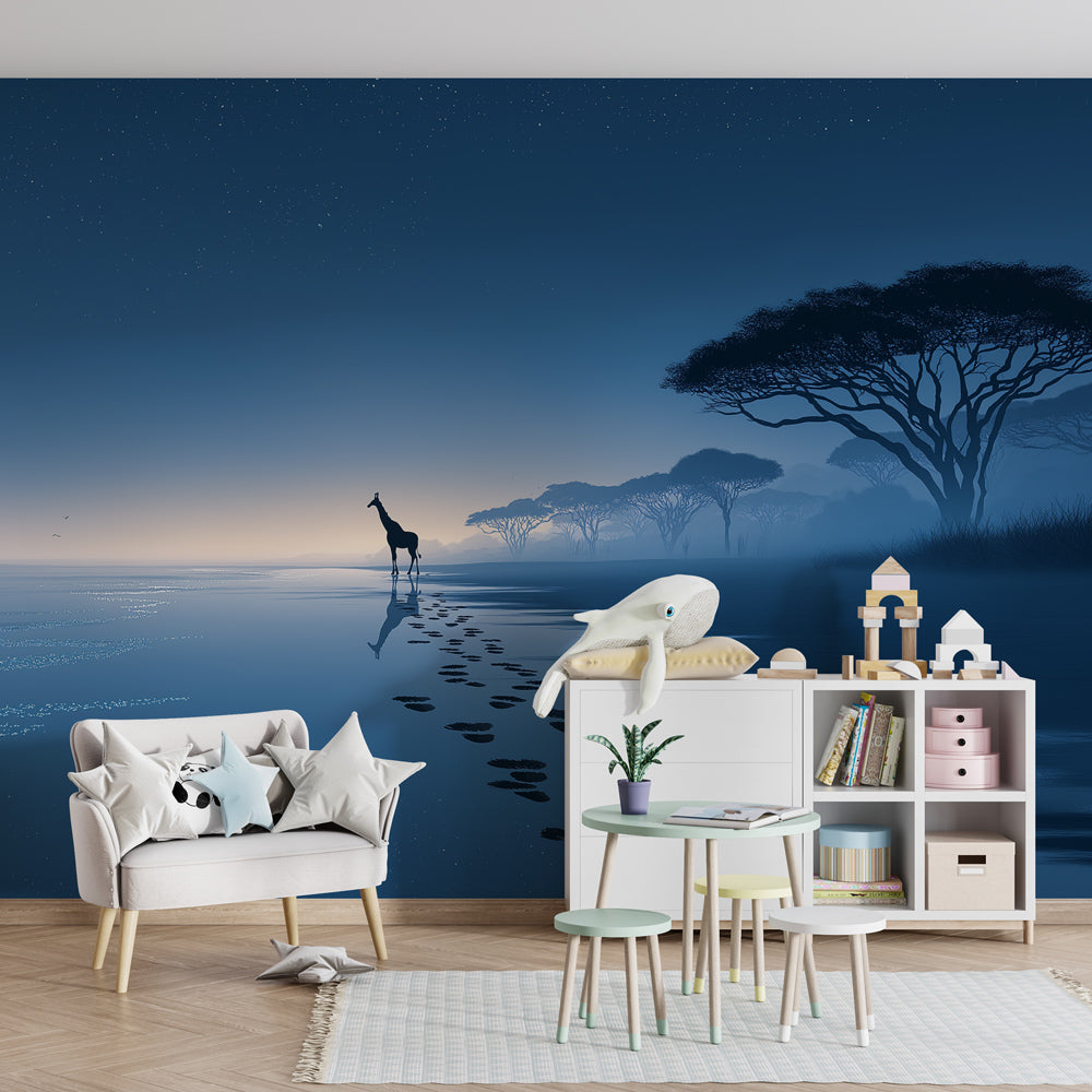Night safari giraffe mural wallpaper creating calming kids bedroom atmosphere