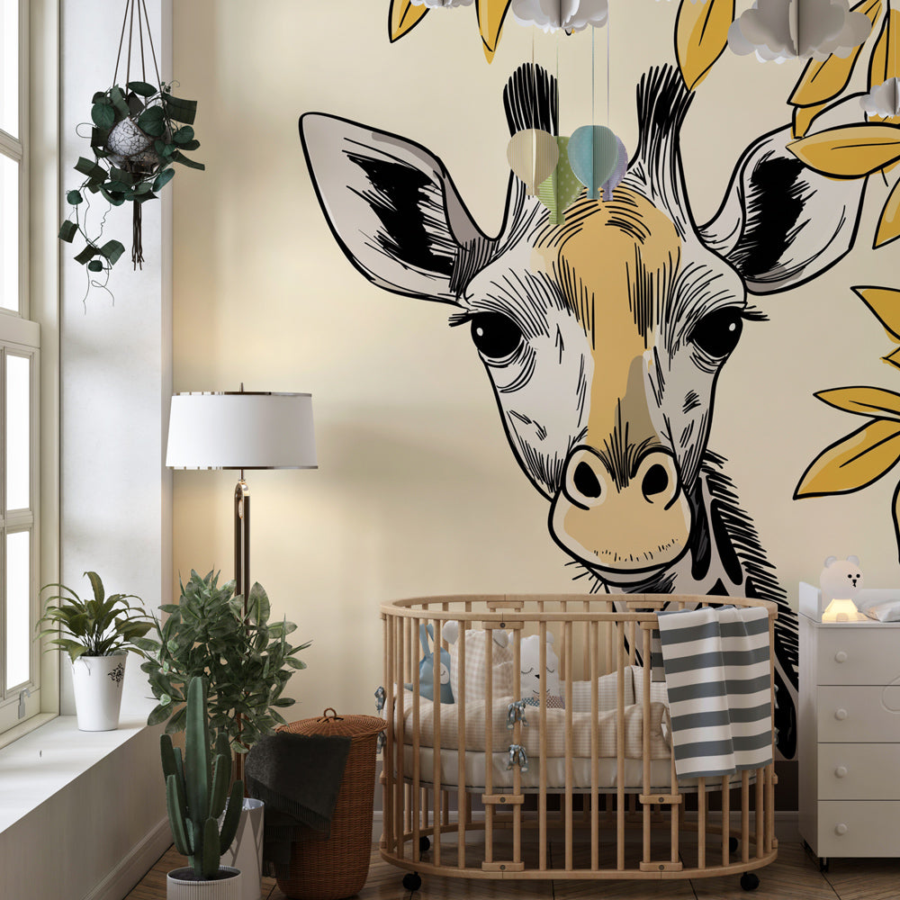 Safari giraffe wallpaper transforming children's bedroom into gentle animal sanctuary